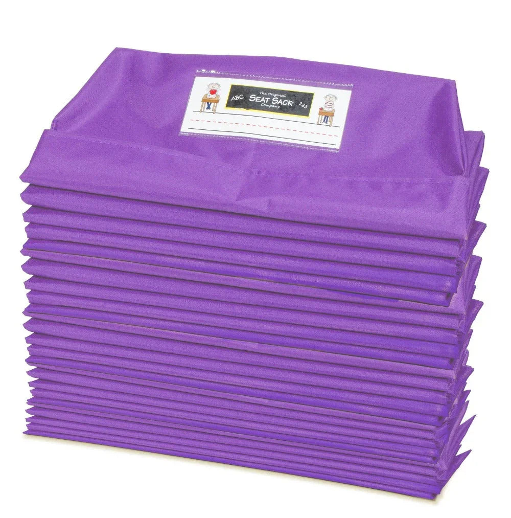 Stack of purple single-pocket seat sacks for classroom storage, 25-pack