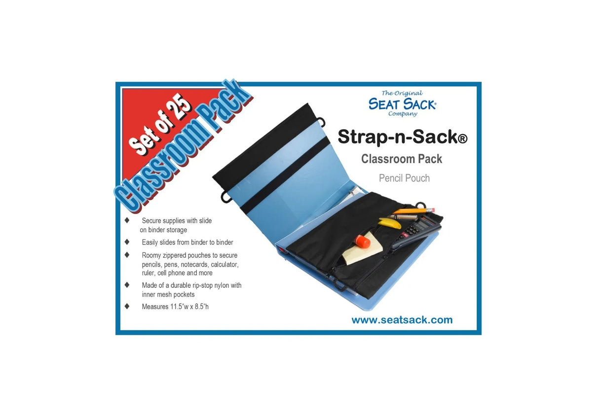 Set of 25 classroom pack blue strap pencil pouches with zippered compartments for school supplies.