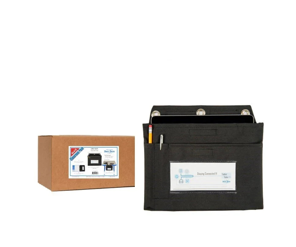 Set of black tablet taker pouches with box, featuring organizer pockets and grommet holes.