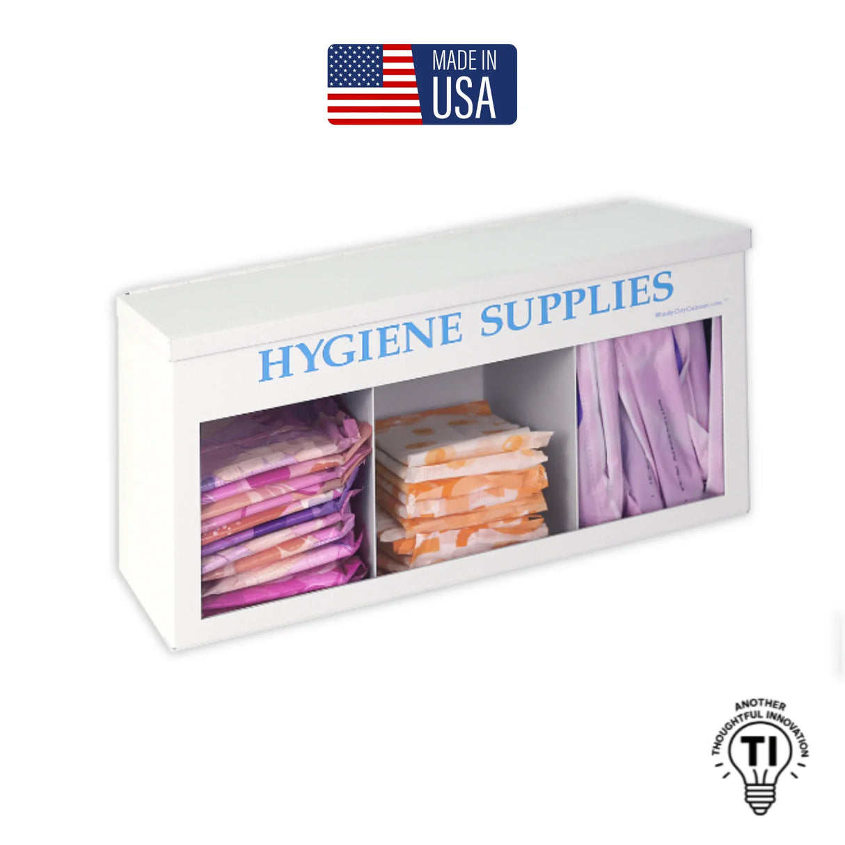 Wall-mounted hygiene supplies dispenser with assorted feminine hygiene products, made in USA