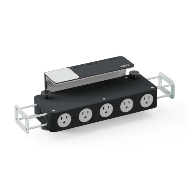 Desk power strip with four outlets, USB ports, and slide-out handles, ideal for office workspace