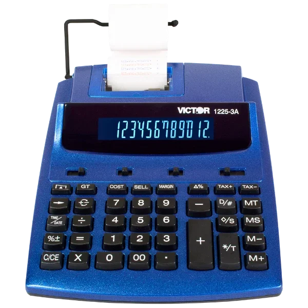 A blue Victor 1225-3A desktop calculator with a black display screen and black keys, shown with a roll of paper partially ejected from the top.