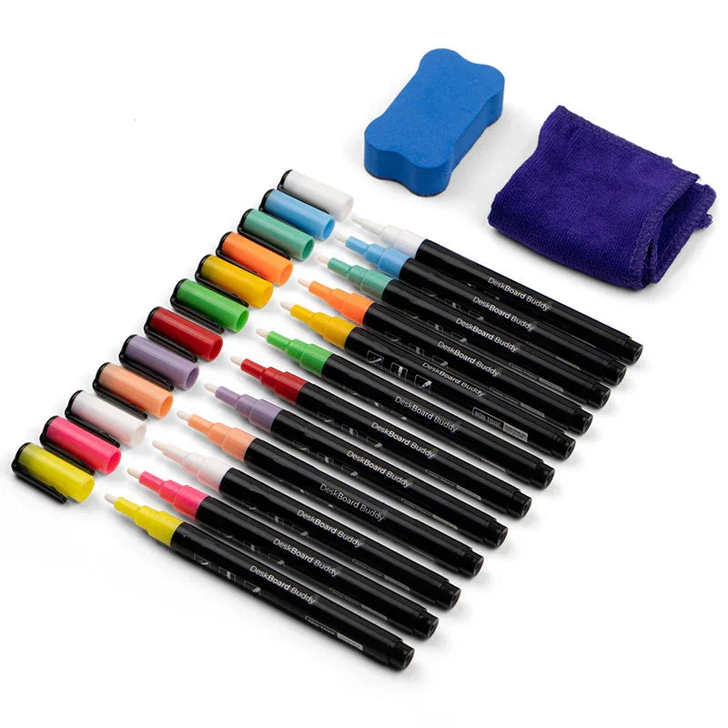Set of colorful dry erase markers with eraser and cleaning cloth for whiteboards