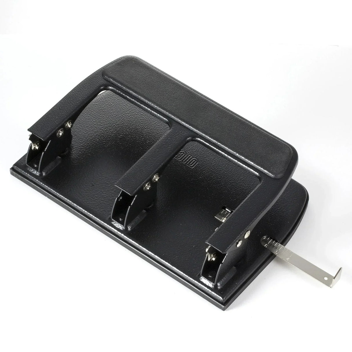 Black 3-hole punch for office paper with metal guide ruler, ideal for school and workspace organization