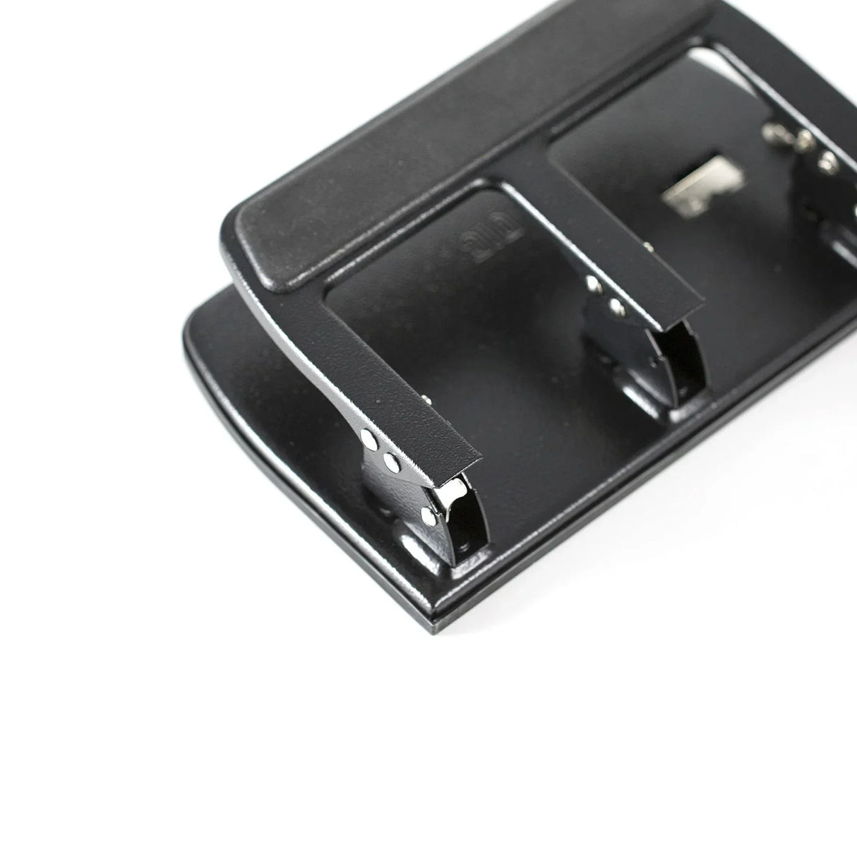 Black dual battery charger for office or school devices, compact design with metal contacts