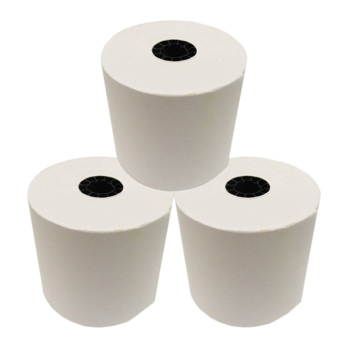 Three white thermal paper rolls for receipt printers on a white background