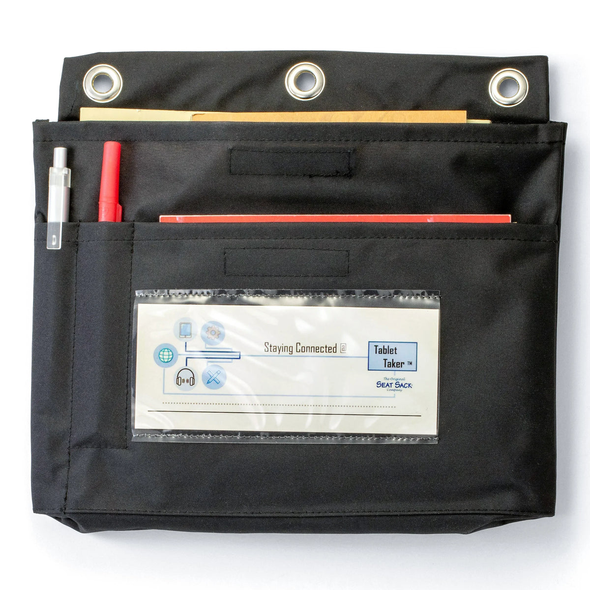 Seat Sack Tablet Taker hanging tech storage pouch with pens and accessories.