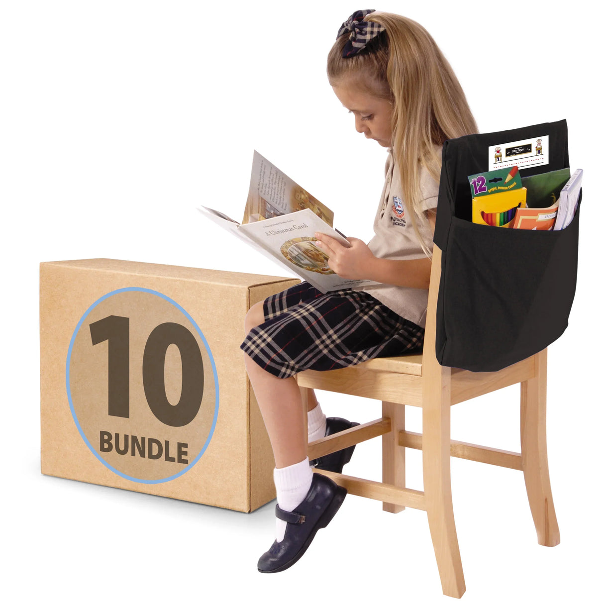 Student reading on chair with black seat organizer full of school supplies, bundle of 10