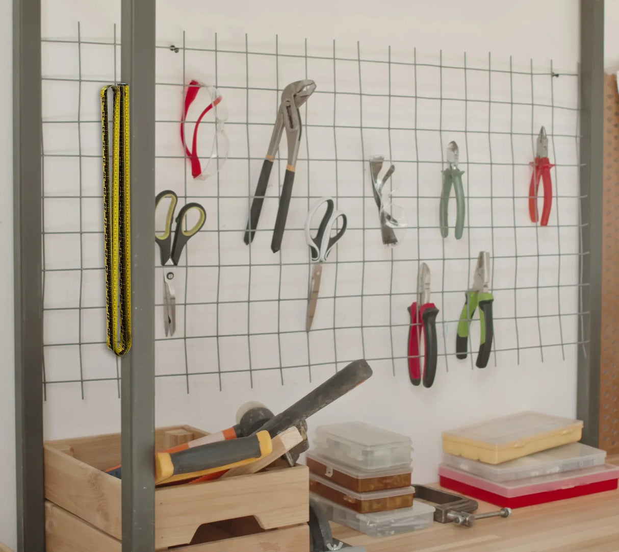 Organized workshop tools on grid wall: pliers, scissors, tape measure, safety glasses, storage bins