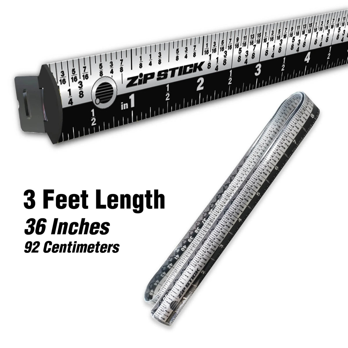 Victor® Zip Stick 36-inch magnetic ruler shown extended and rolled up.