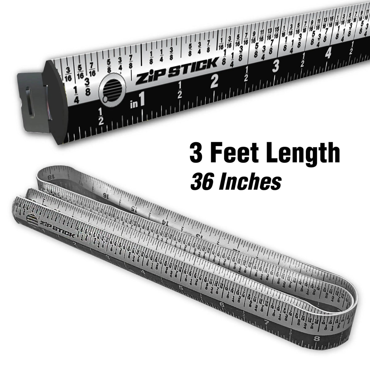 Victor® Zip Stick 36 inch ProSpan magnetic measuring tool in straight and flexible positions.
