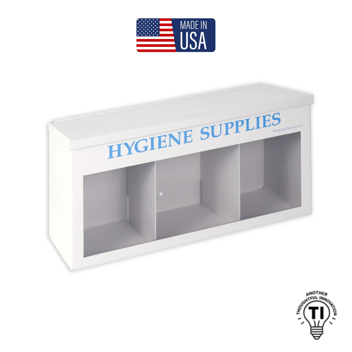 Wall-mounted hygiene supplies organizer with three open compartments, made in USA