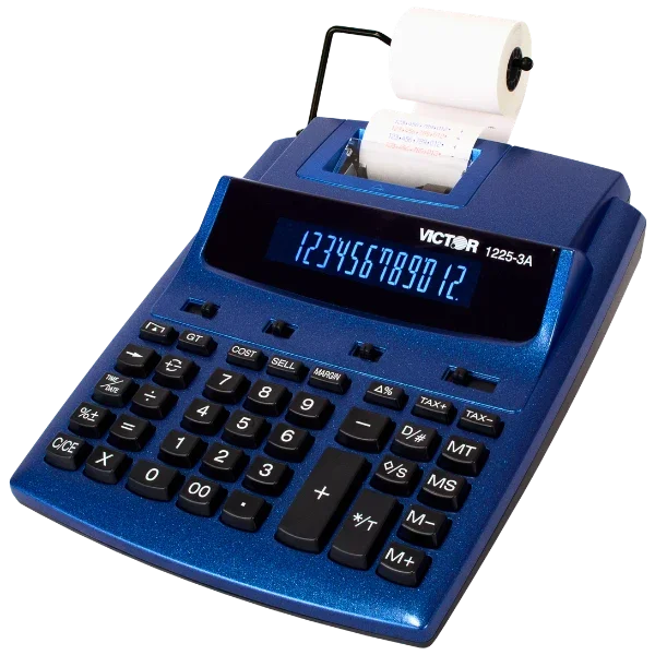 A blue Victor 1225-3A desktop thermal paper calculator with a built-in receipt printer and a roll of white paper emerging from the top, shown on a plain white background.