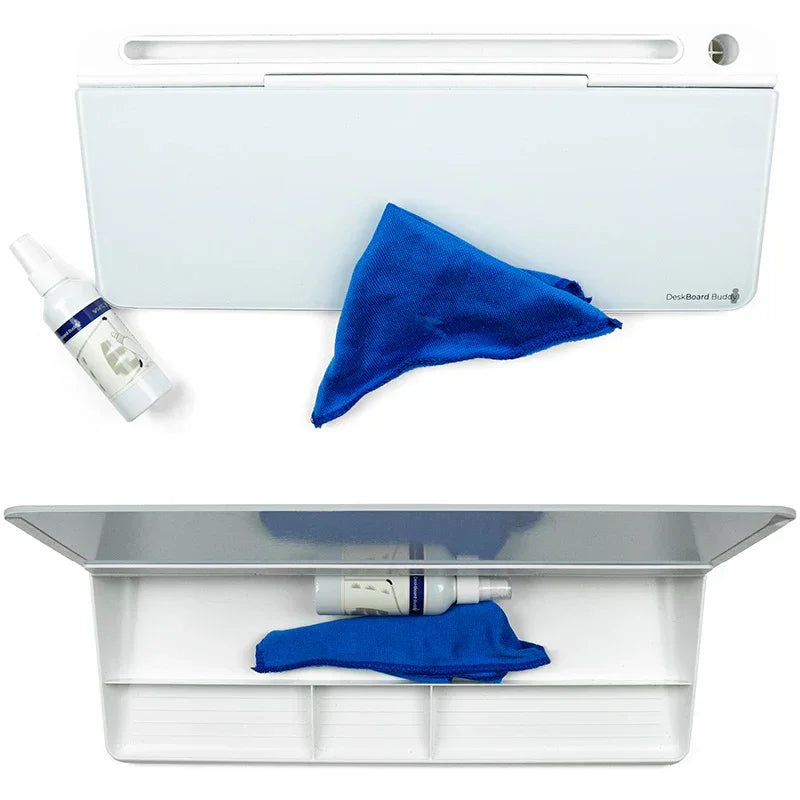 White desktop organizer with dry erase lid, blue cleaning cloth, and cleaning spray bottle