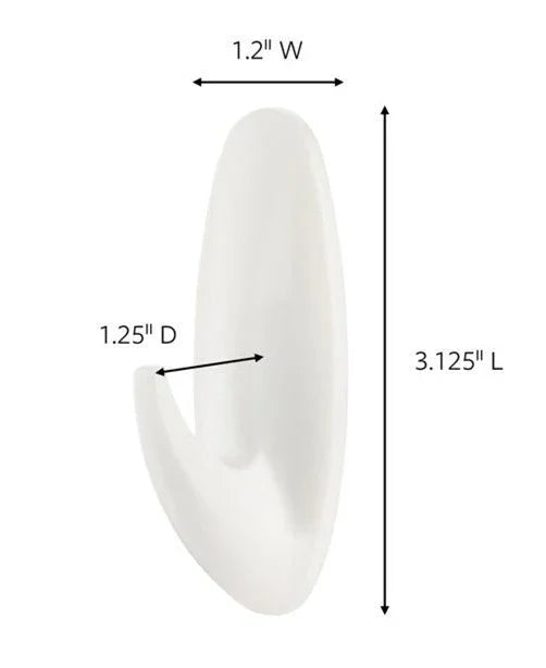 White adhesive hook with labeled dimensions 3.125 in long, 1.2 in wide, 1.25 in deep