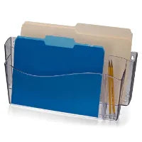 Clear wall file organizer holding manila and blue folders with two pencils