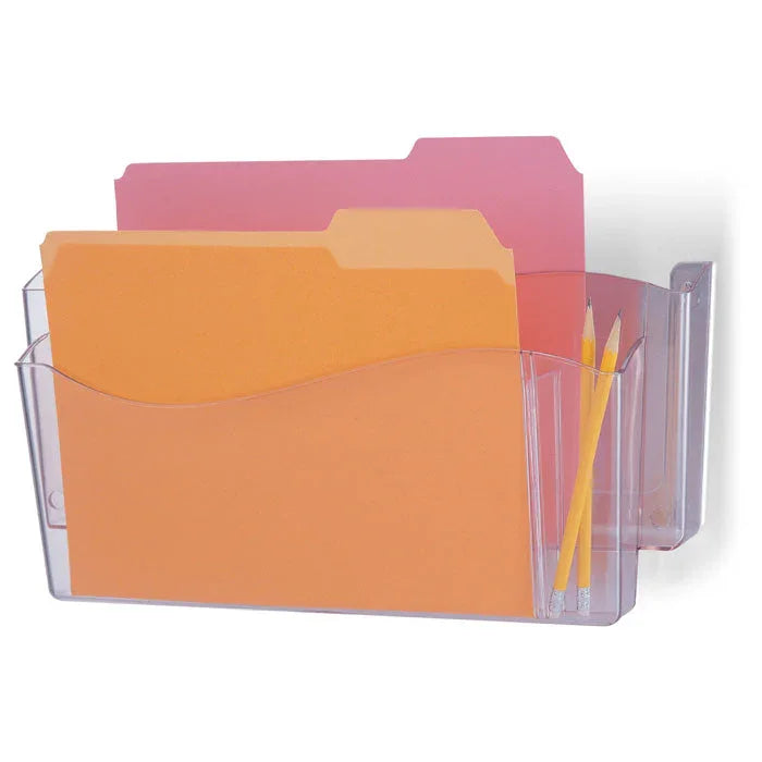 Clear wall file organizer with colorful folders and two pencils, office organization solution