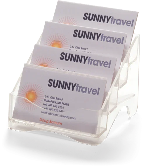 Clear acrylic 4-tier business card holder displaying multiple business cards