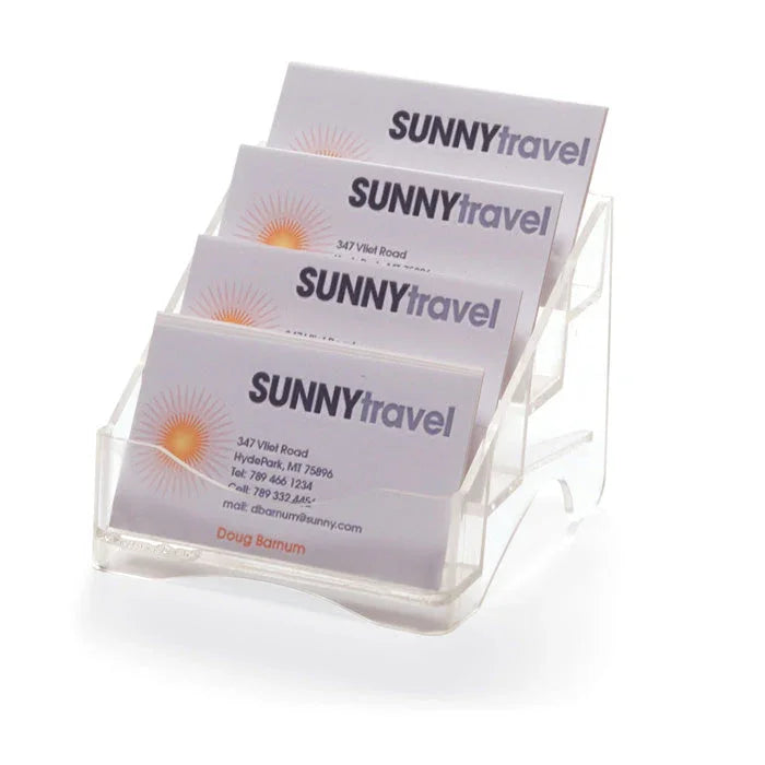 Clear 4-tier business card holder displaying SUNYtravel cards, ideal for office organization