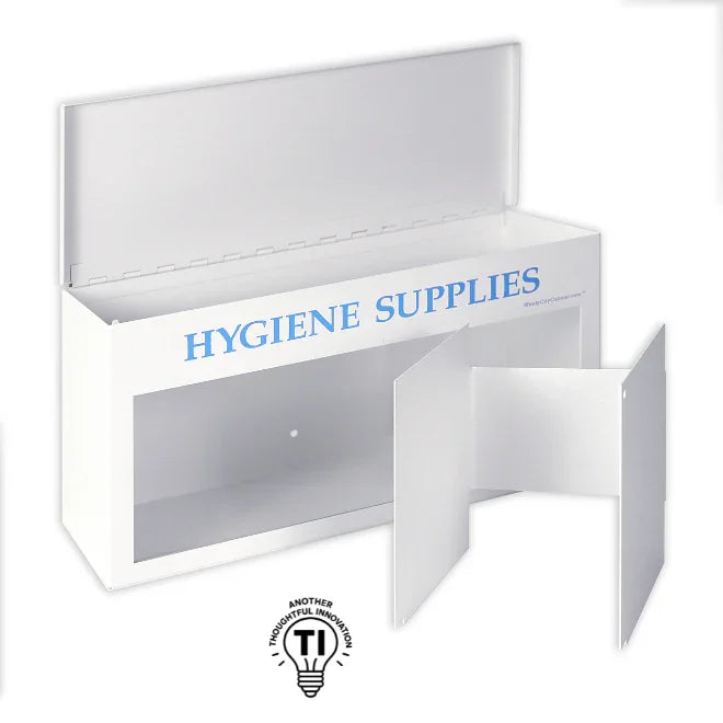 White hygiene supplies dispenser box with an open lid and removable divider, suitable for office or school organization.