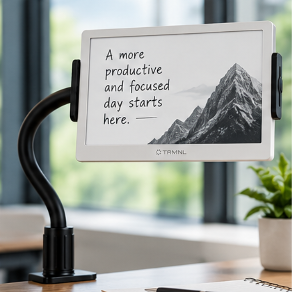 TRMNL 7.5" ePaper dashboard display on a black gooseneck desk clamp stand