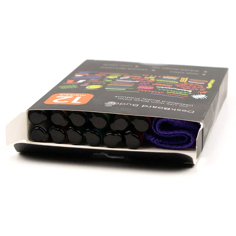Box of 12 colored markers with a cleaning cloth, ideal for office or school use
