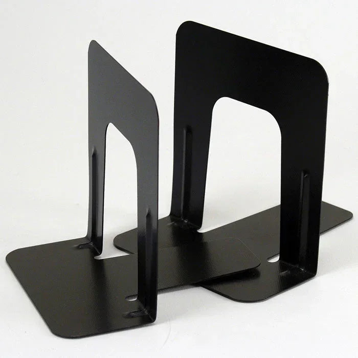 Black metal bookends for organizing books and office supplies on desks or shelves