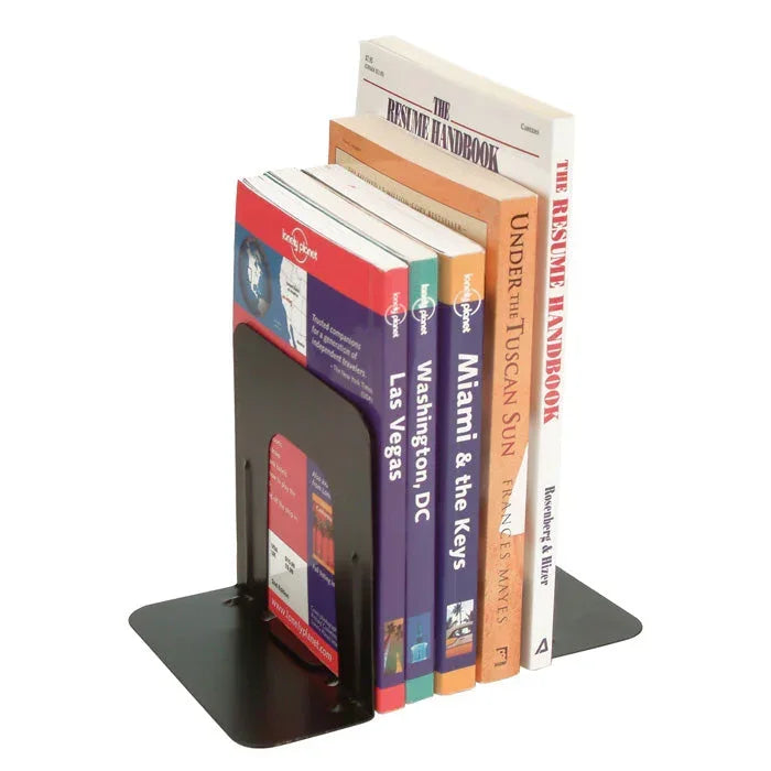 Black bookend holding travel guides and resume handbook for organized workspace