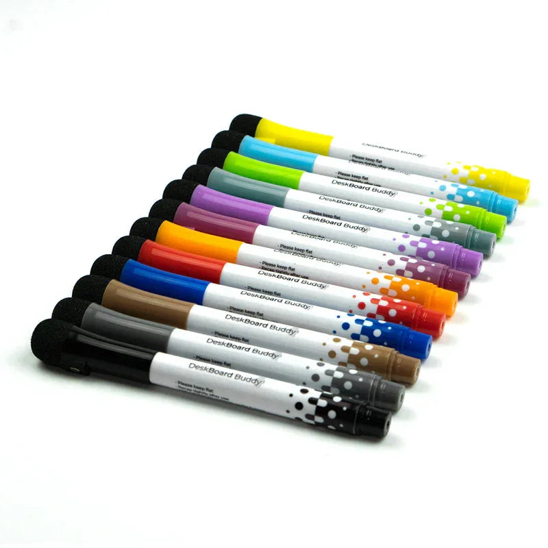 Set of twelve colorful dry erase markers with eraser caps arranged in a row on white background