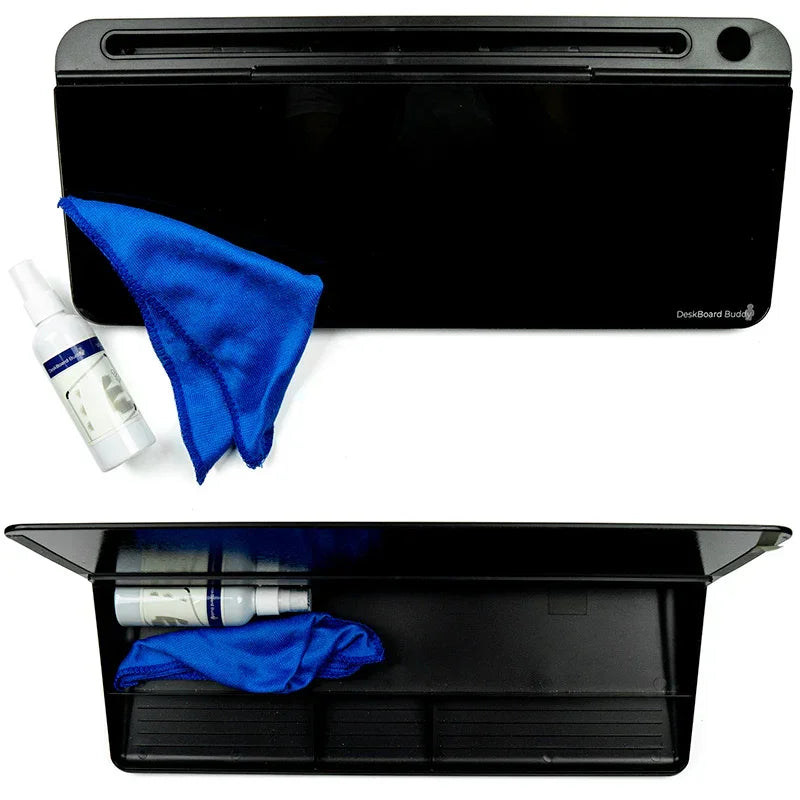 Black desktop organizer with storage compartment, blue microfiber cloth, and cleaning spray