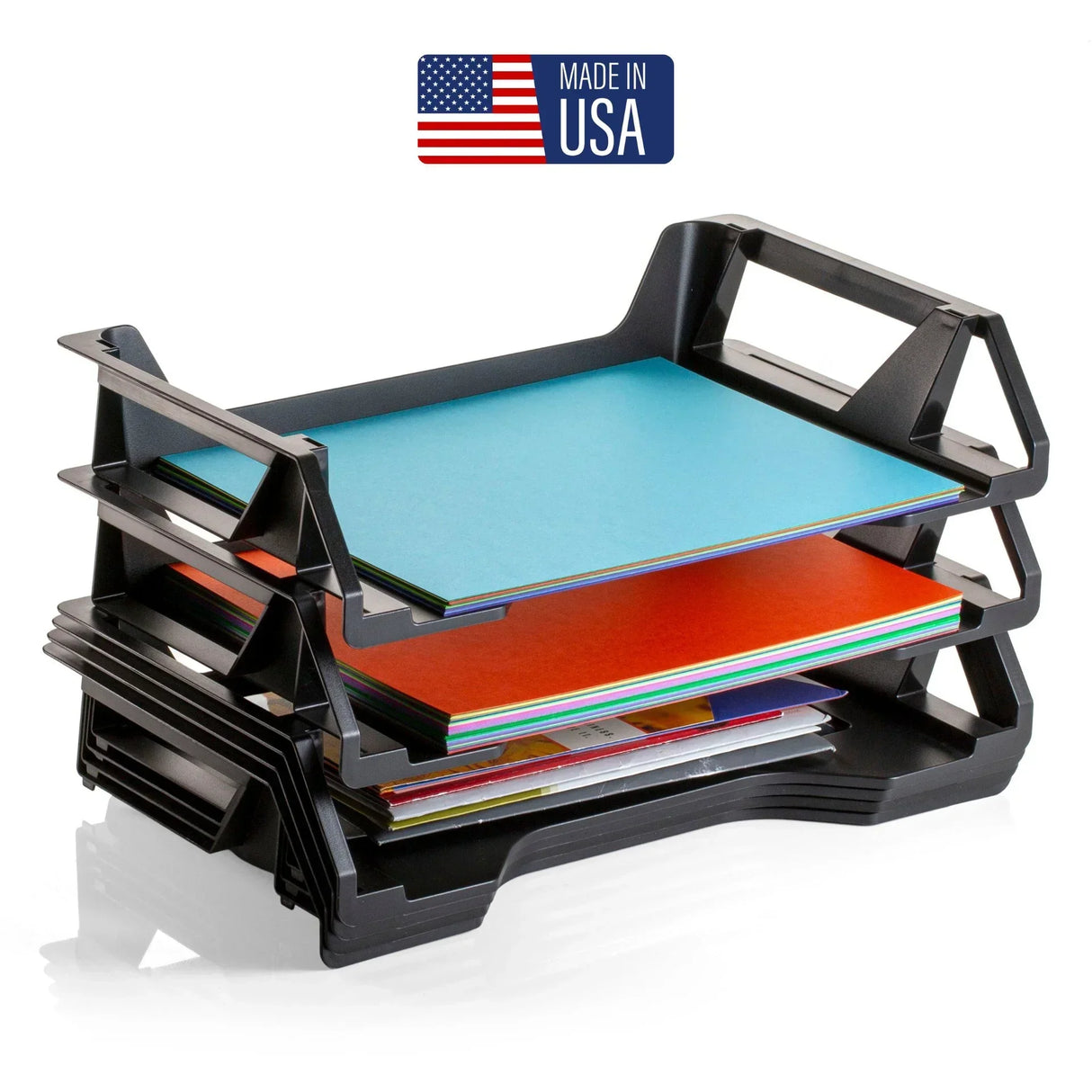 Black multi-tier paper organizer with colorful sheets, Made in USA