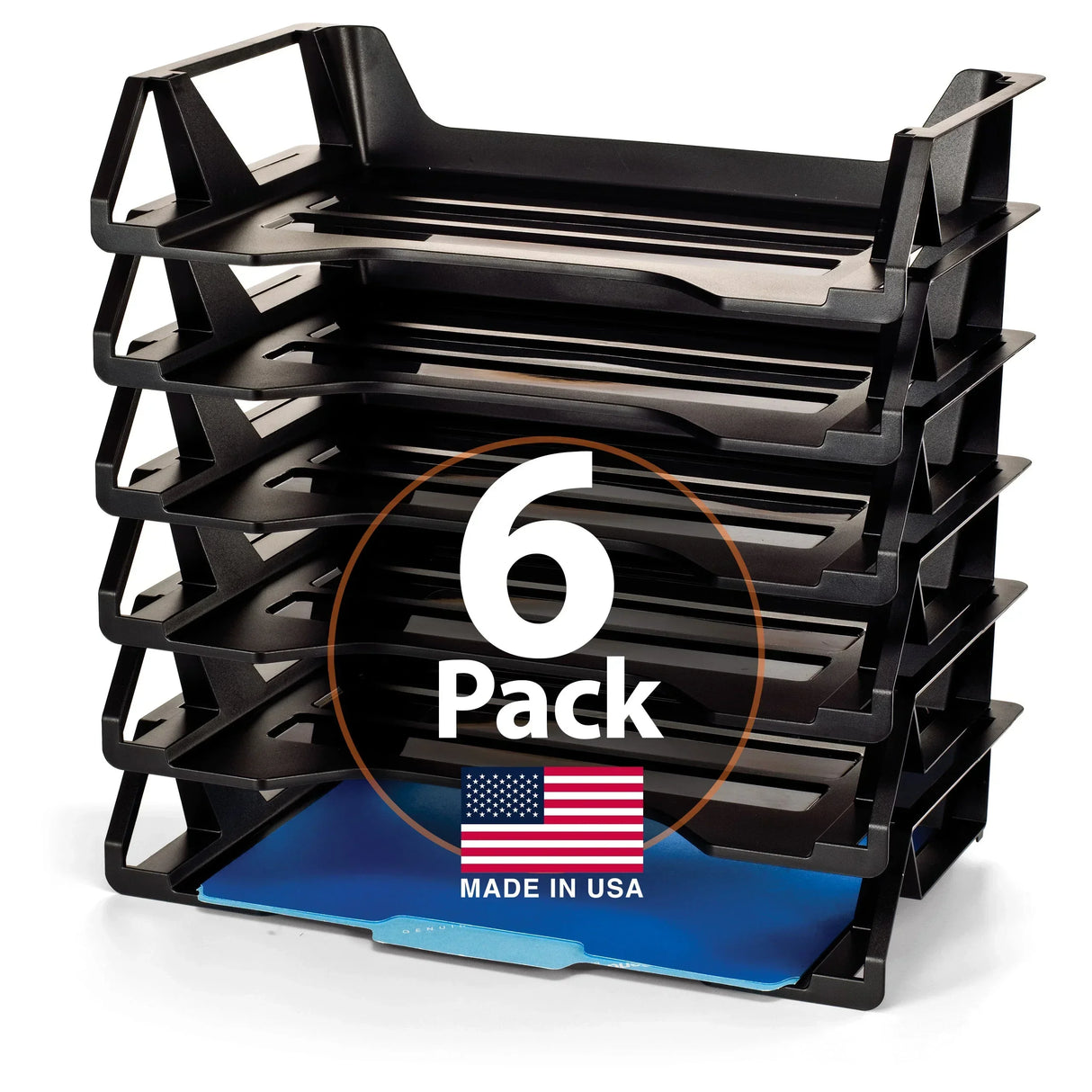 6-pack black desk organizer trays, made in USA, ideal for office or school document storage