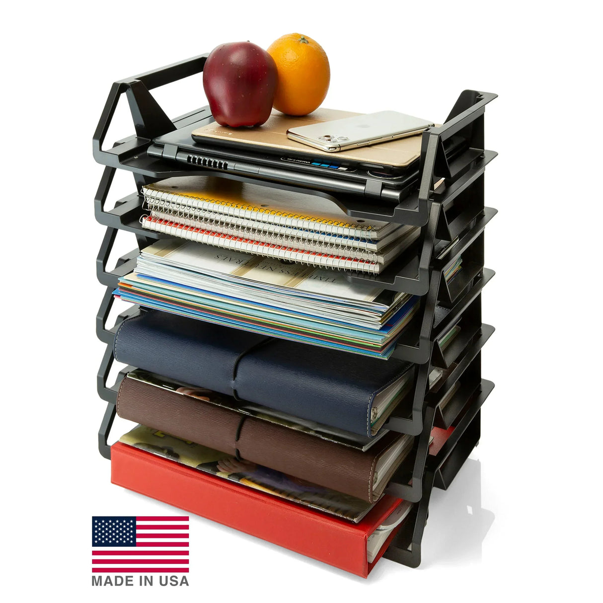 Black multi-tier desk organizer with notebooks, binders, laptop, and fruit, Made in USA