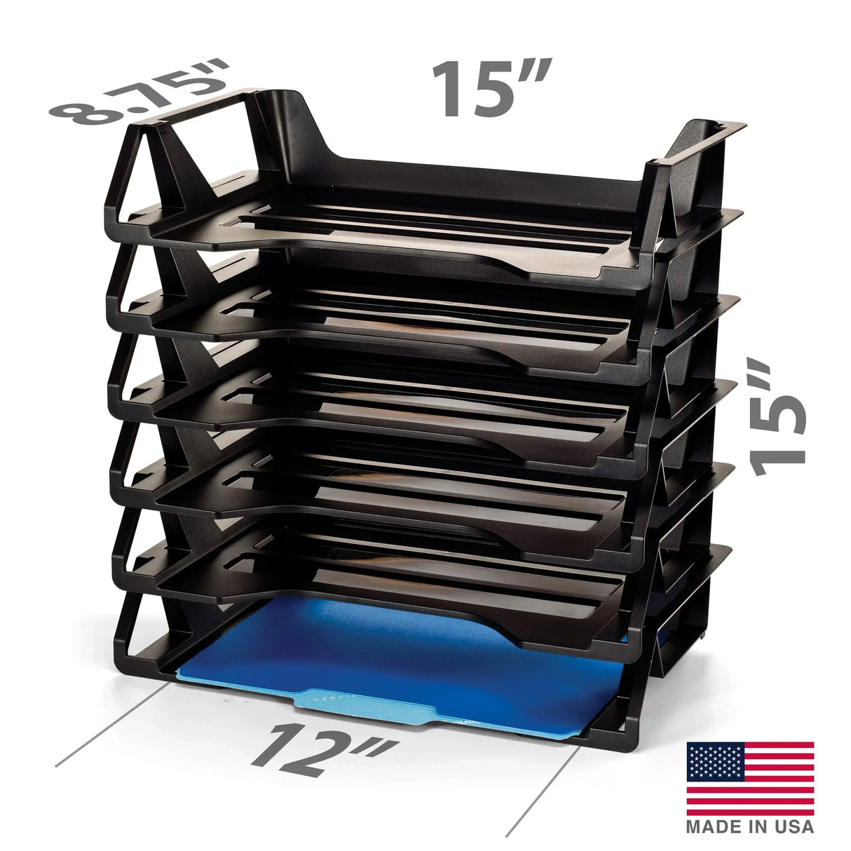 Black 5-tier desk organizer with blue folder, dimensions labeled, made in USA