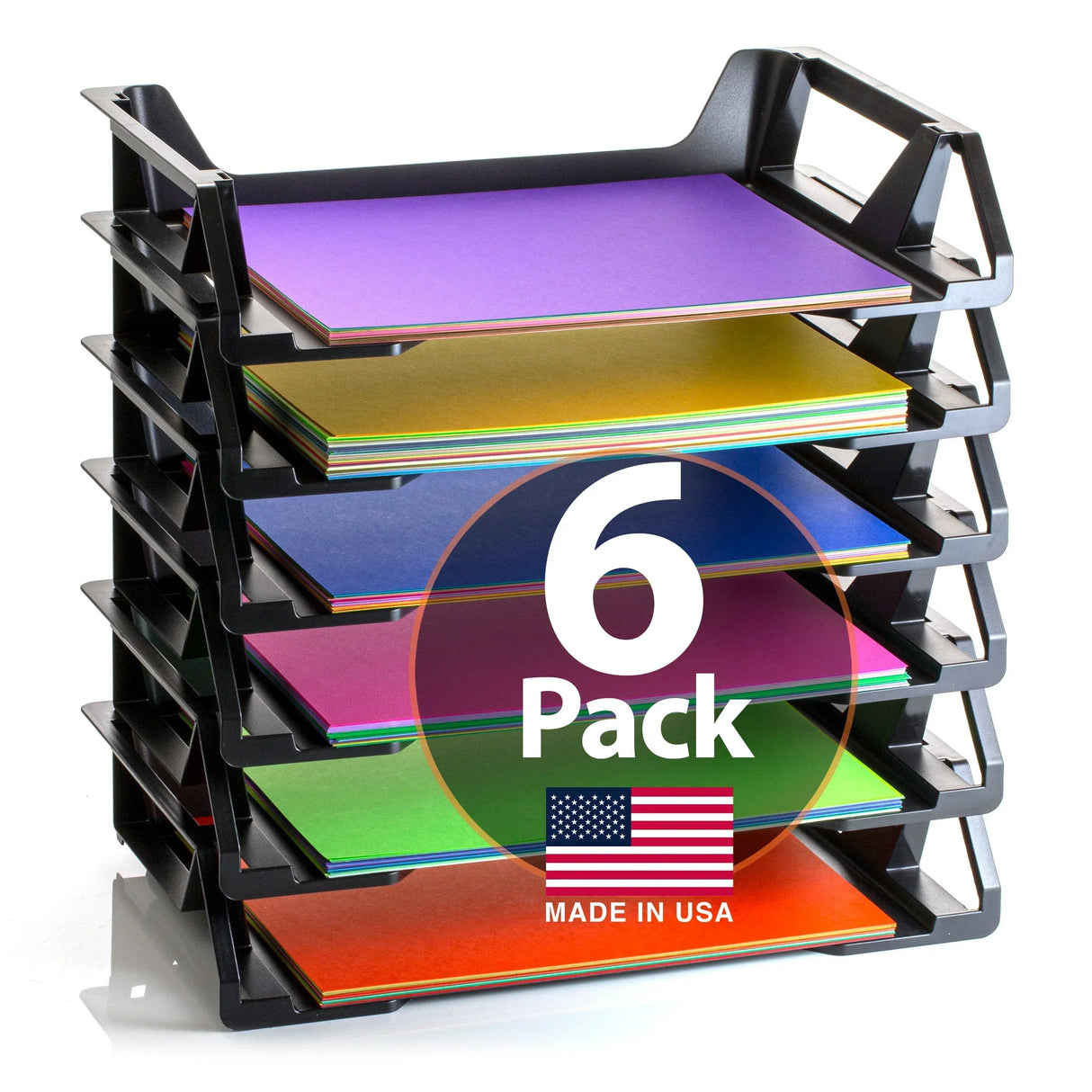 6-pack black paper tray organizer with colorful sheets, made in USA