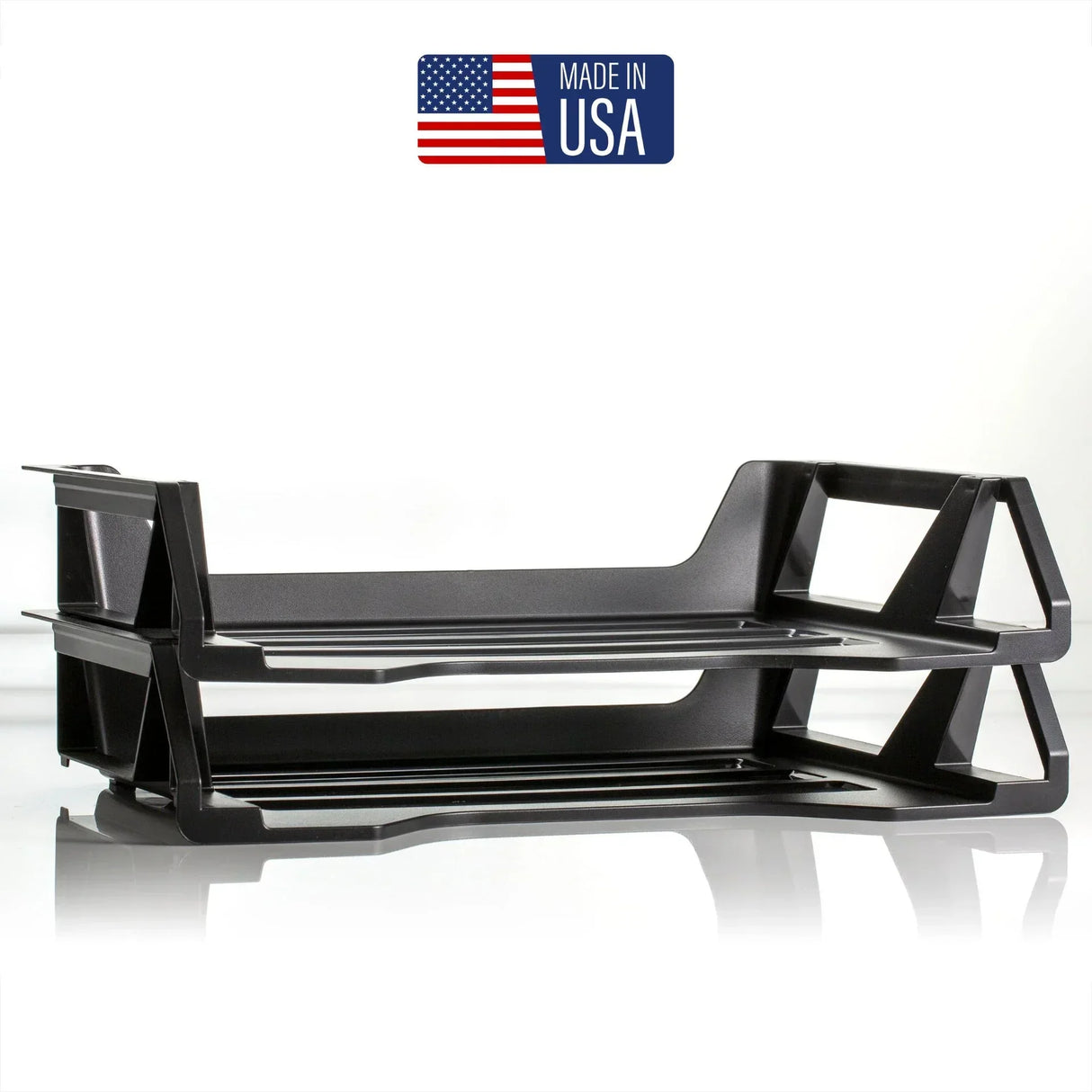 Black desk organizer with USA-made label, ideal for office or school workspace solutions.