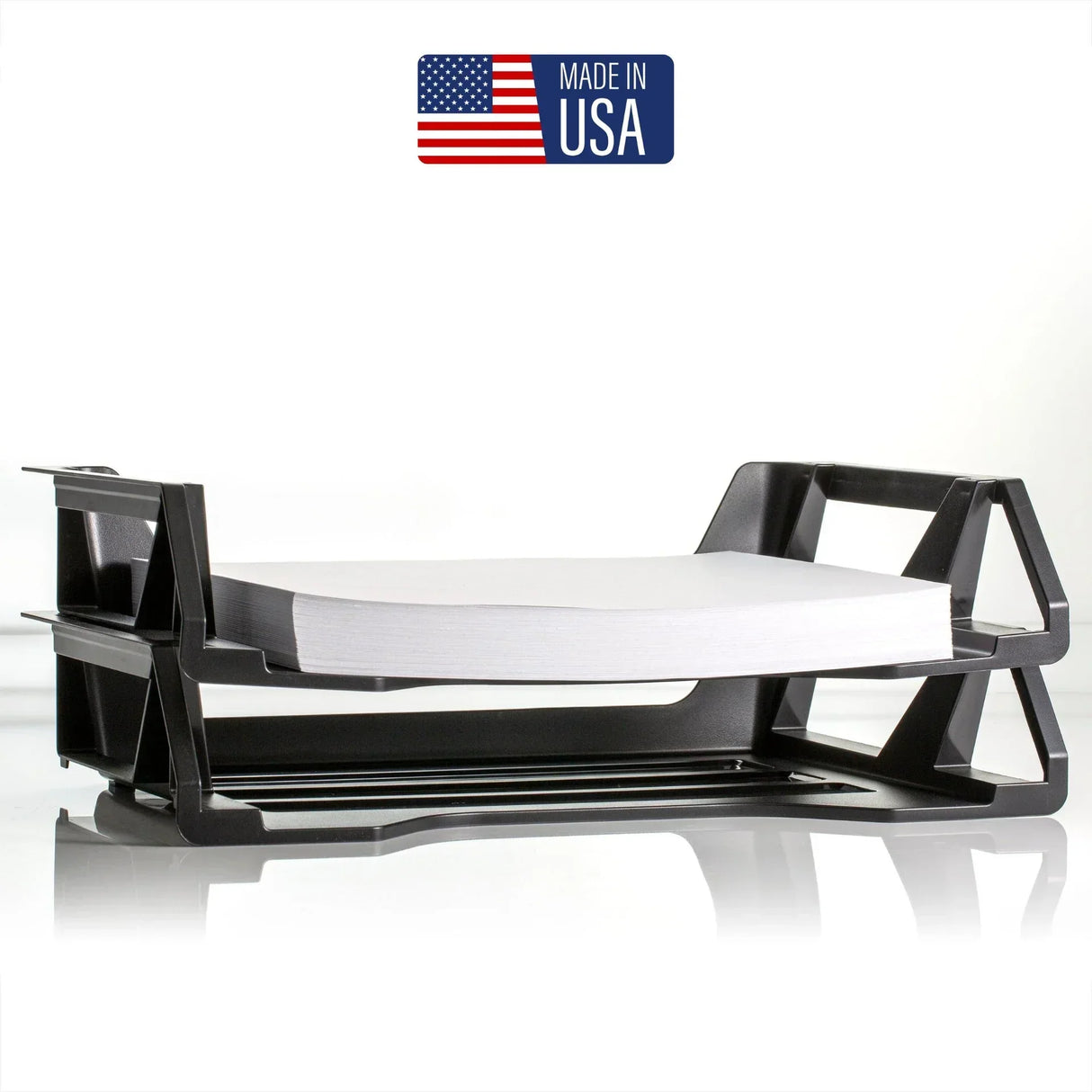 Black paper tray holding white sheets, made in USA, ideal for office organization and productivity.