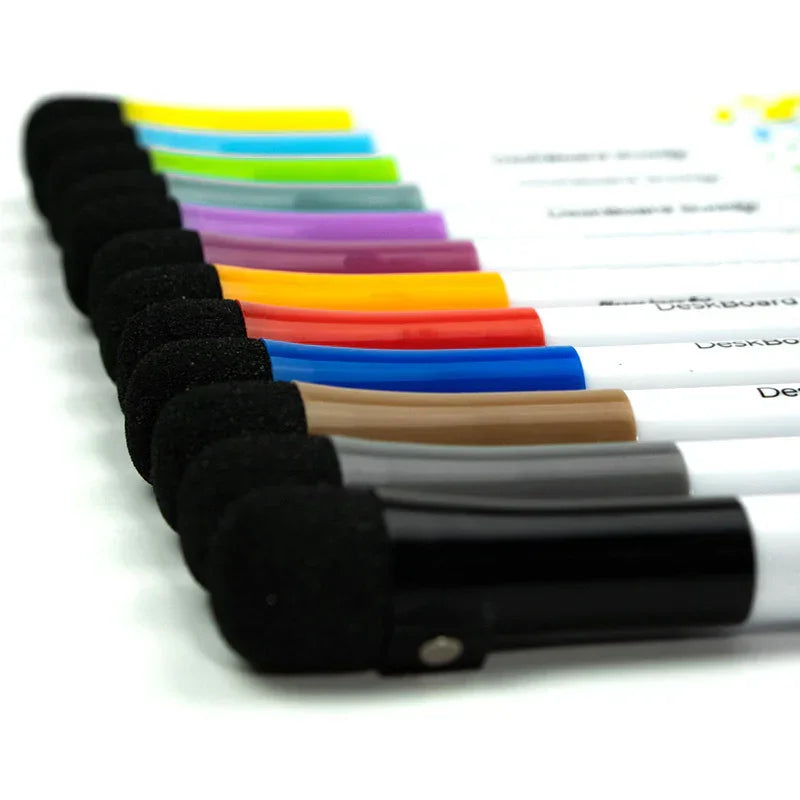 Set of colorful dry erase markers with eraser caps arranged in a row on white surface