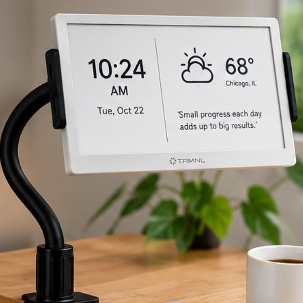 TRMNL 7.5 inch ePaper dashboard display with gooseneck desk clamp showing time and weather.