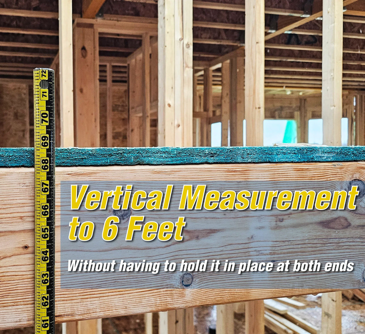 Vertical measurement to 6 feet with tape measure on wooden beam in construction setting