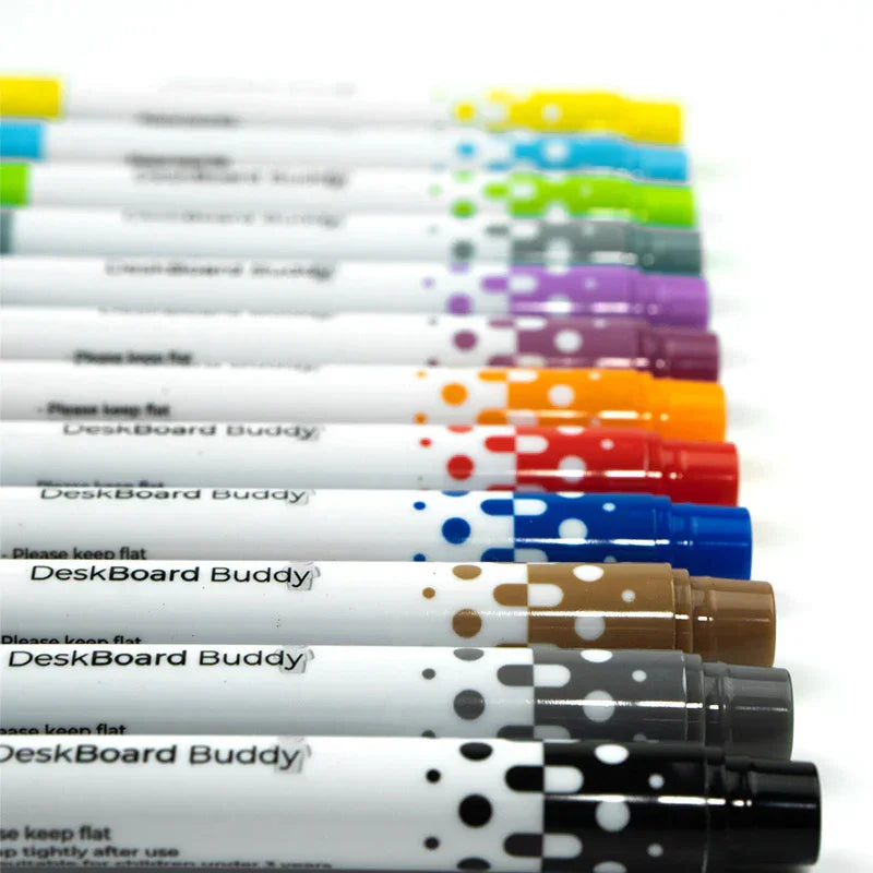 Colorful DeskBoard Buddy dry erase markers for office or school, arranged in rows