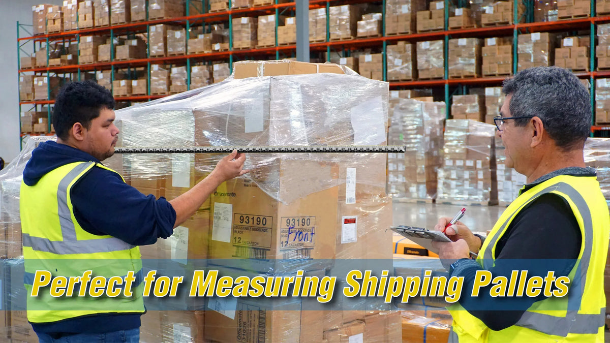 Workers using a Zip Stick 72" ProSpan Magnetic Measuring Tool to measure a pallet in a warehouse.