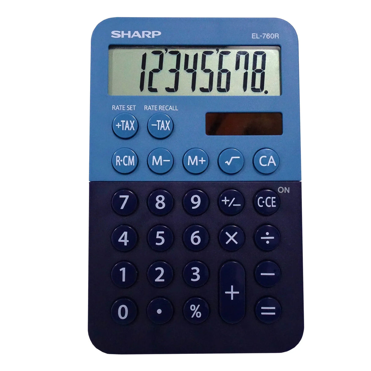 Blue 8-digit desktop calculator with large display and tax function keys
