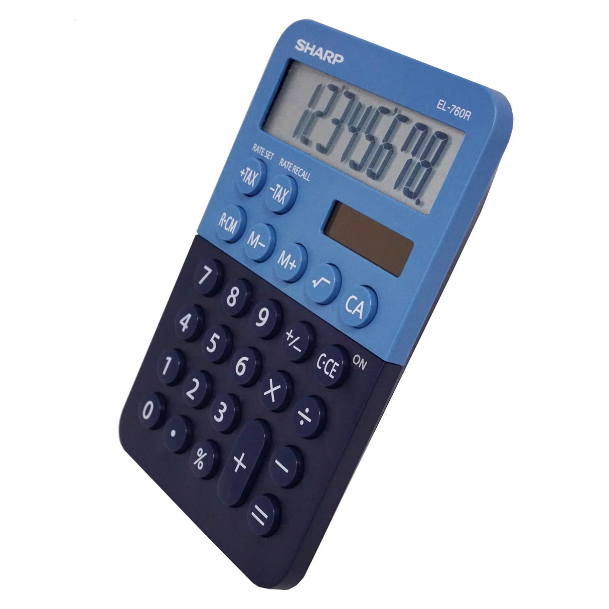 8-digit desktop calculator with large LCD display and blue keys, isolated on white background