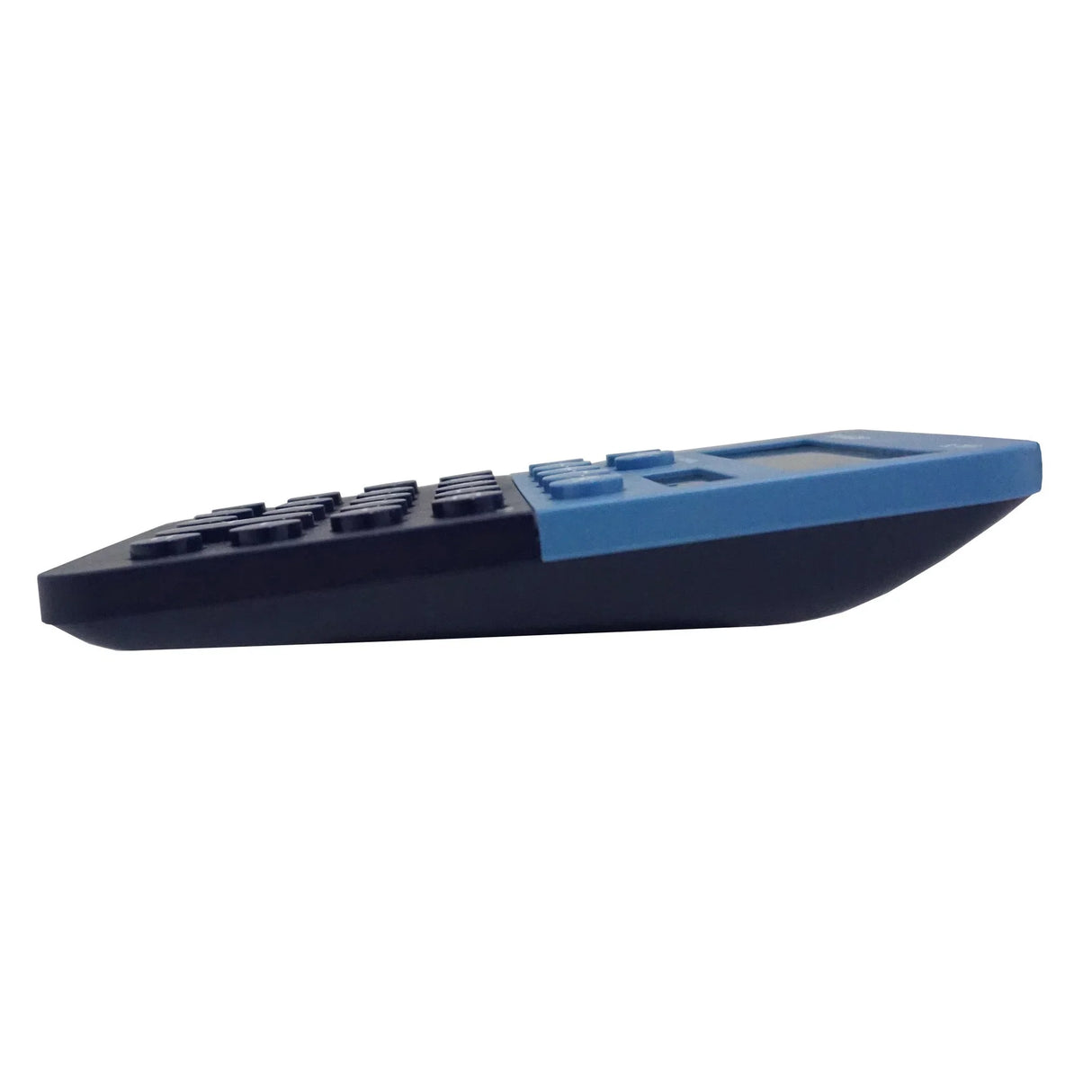 Side view of a blue and black 8-digit desktop calculator on white background