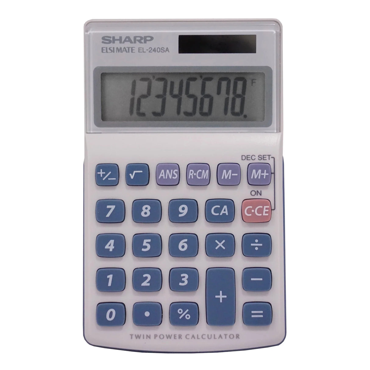 Handheld 8-digit calculator with large display and blue numeric keys on white background