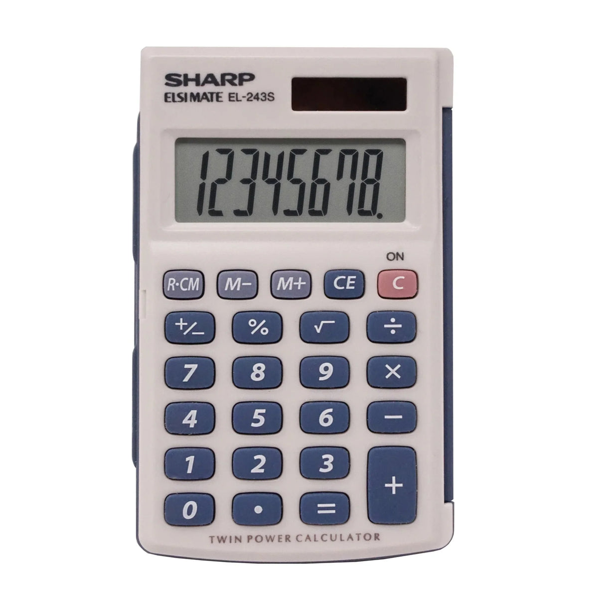 8-digit portable calculator with solar panel and hinged hard cover, large display visible