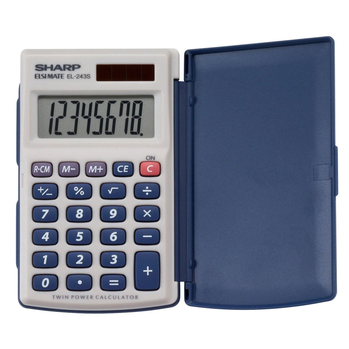 8-digit pocket calculator with blue hinged hard cover, solar panel and large buttons