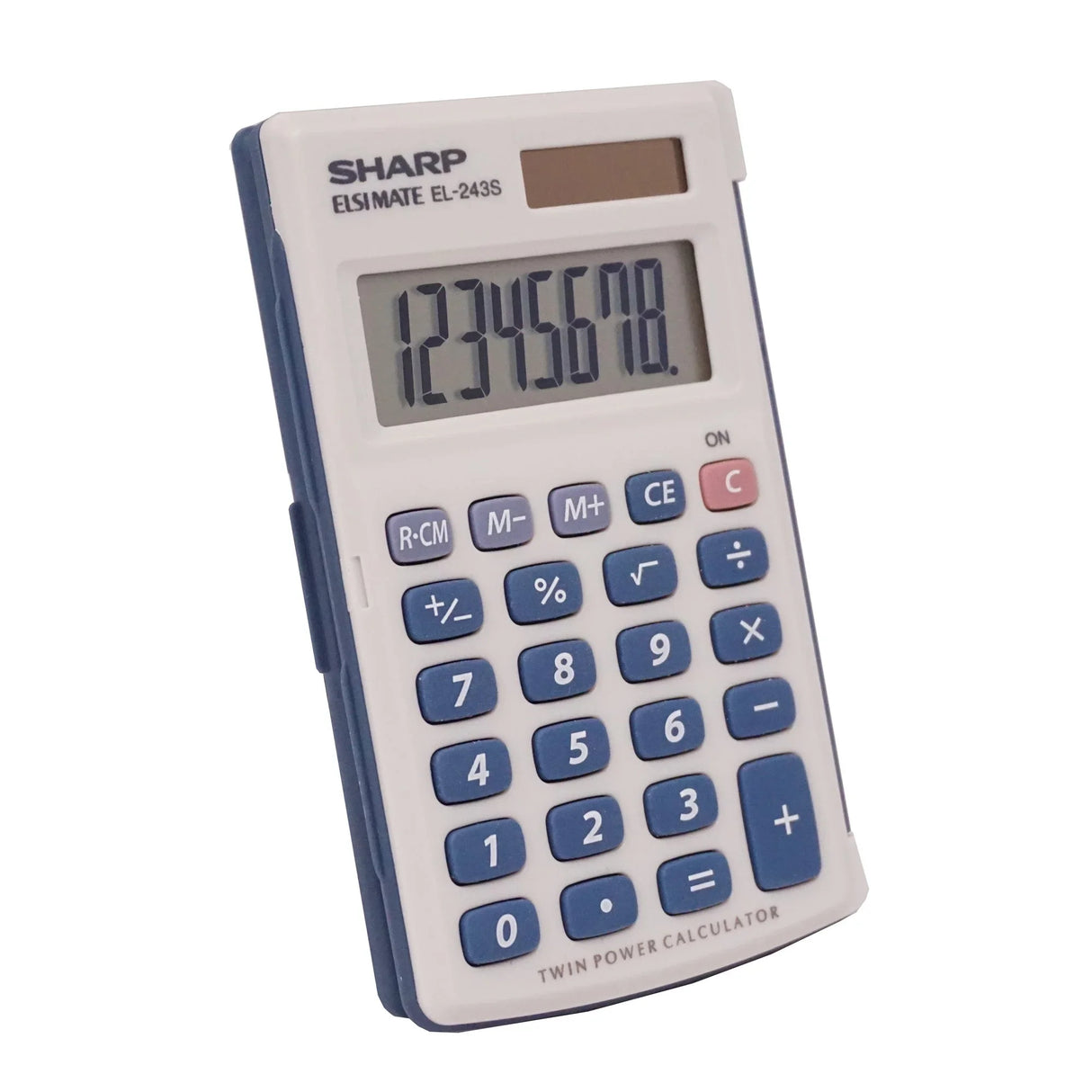 8-digit pocket calculator with blue and white buttons, solar panel, and LCD display