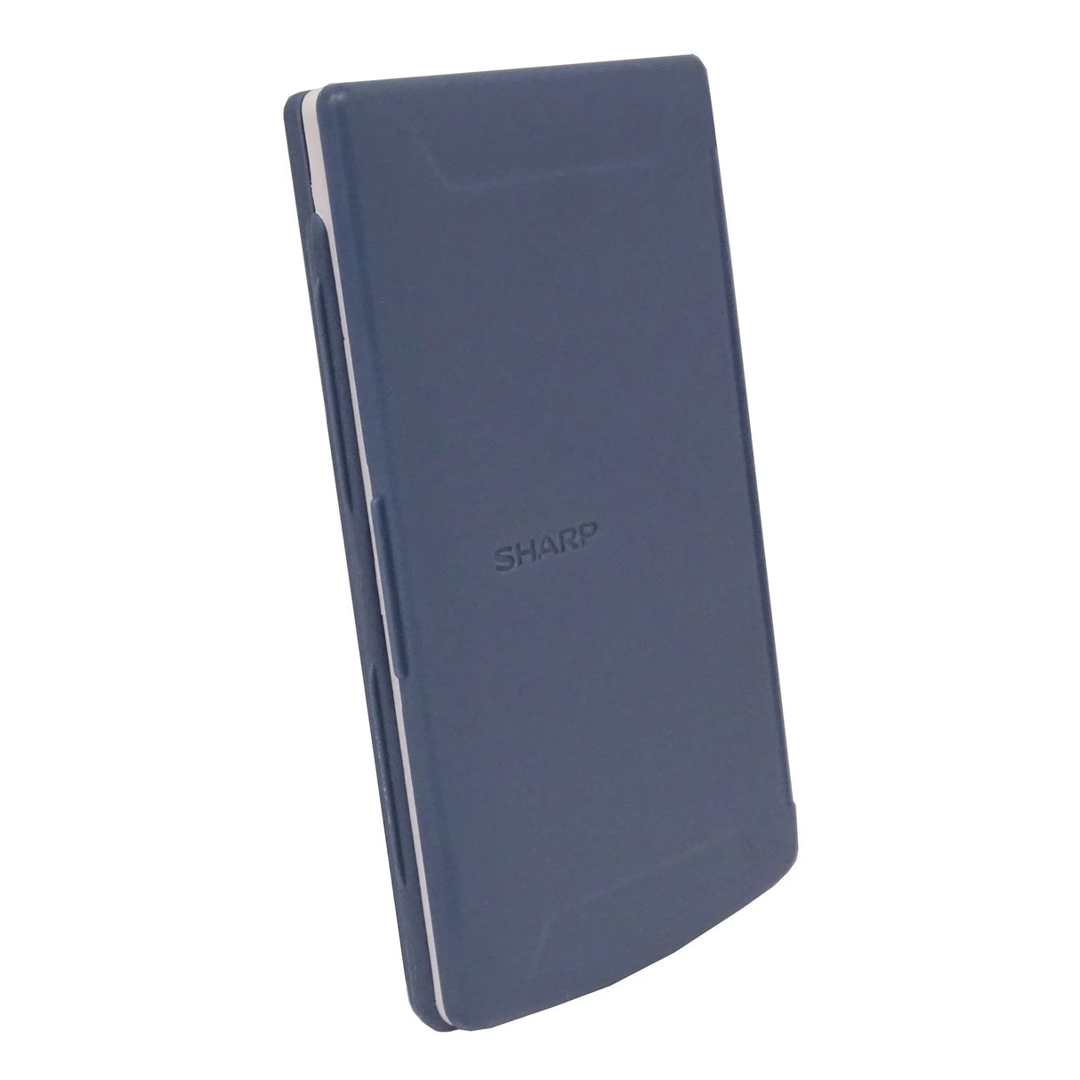 Blue pocket calculator with hinged hard cover, closed and compact for portability